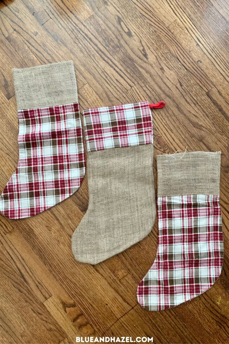 3 checkered Christmas stockings made of burlap and red plaid. 