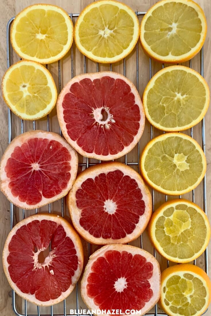 oranges and grapefruit sliced thinly ready to be dried for christmas decor.