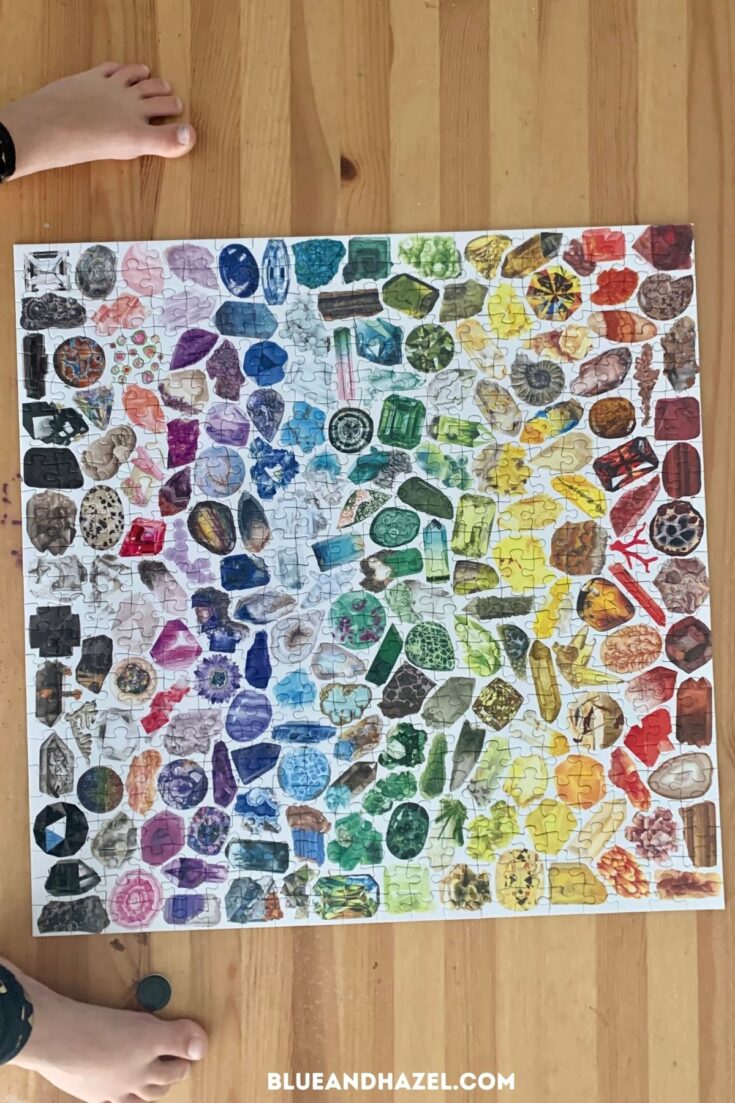 500 piece gemstone puzzle fully put together in rainbow order. 