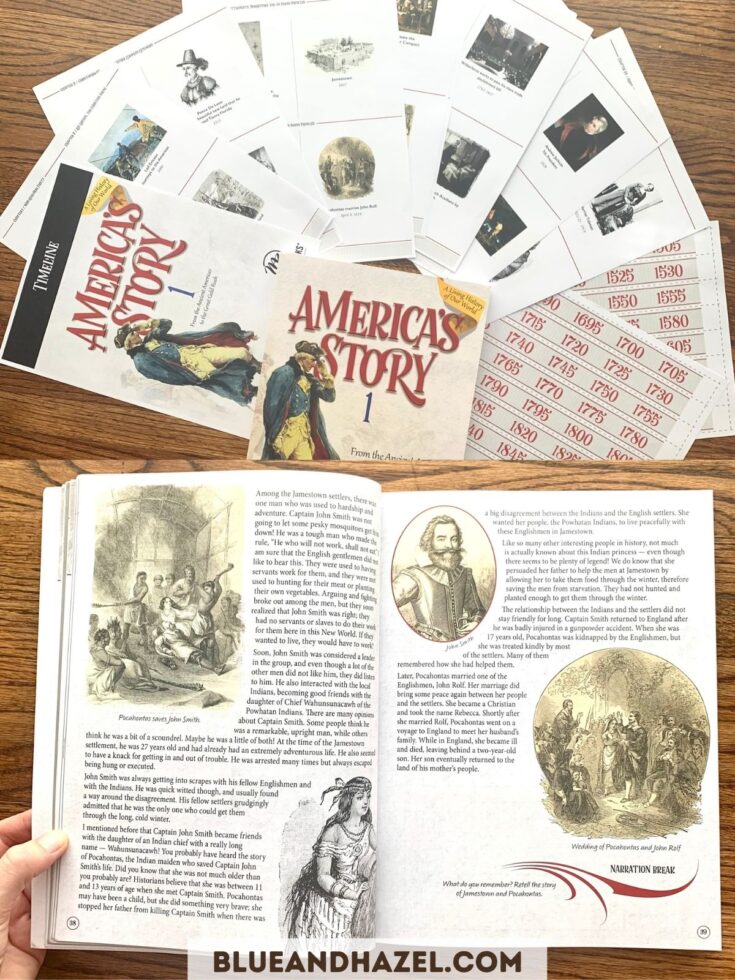 Masterbooks America's Story 1 history book with the Timeline and timeline pictures in color. 