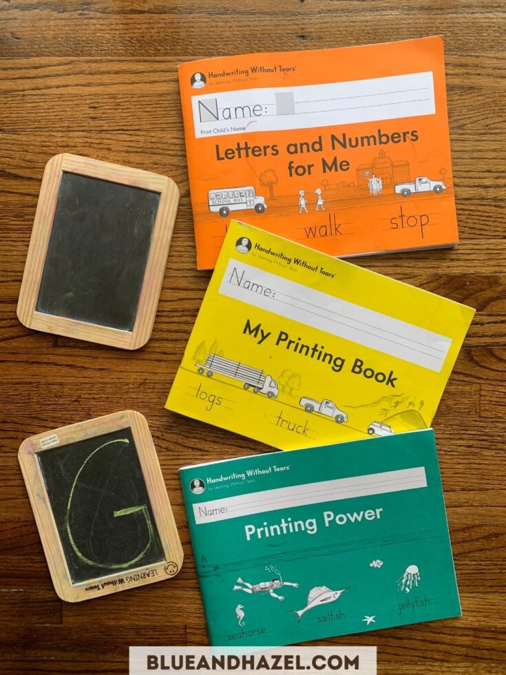 Handwriting without tears workbooks and chalk boards.