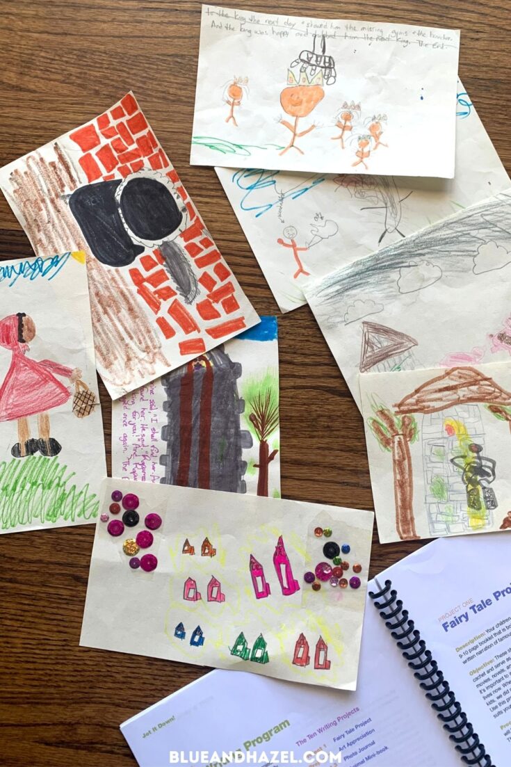 Several pictures drawn by a 1st and 2nd grader representing different fairy tales they have read. 