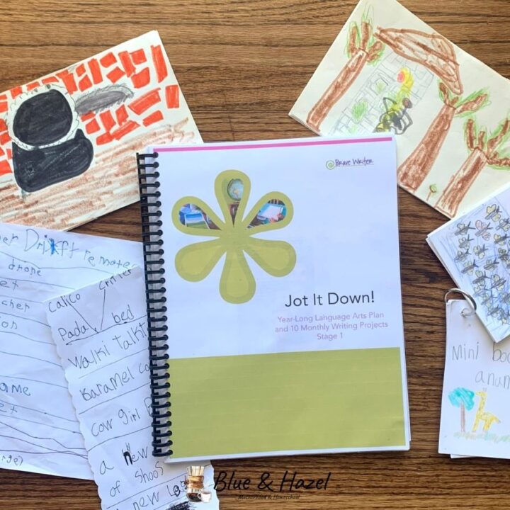 Jot It Down creative writing curriculum next to a few projects colored by a 1st grader