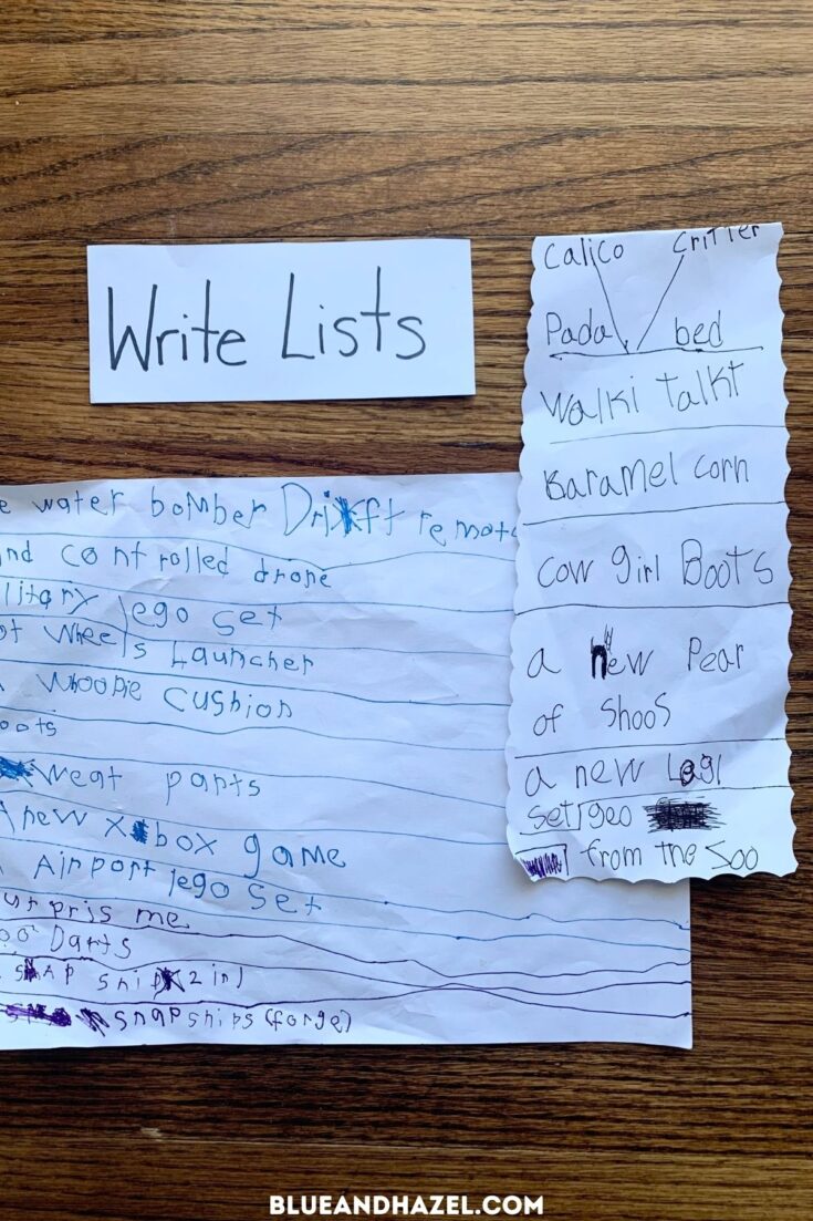 Two Christmas lists side by side from kids learning how to write.