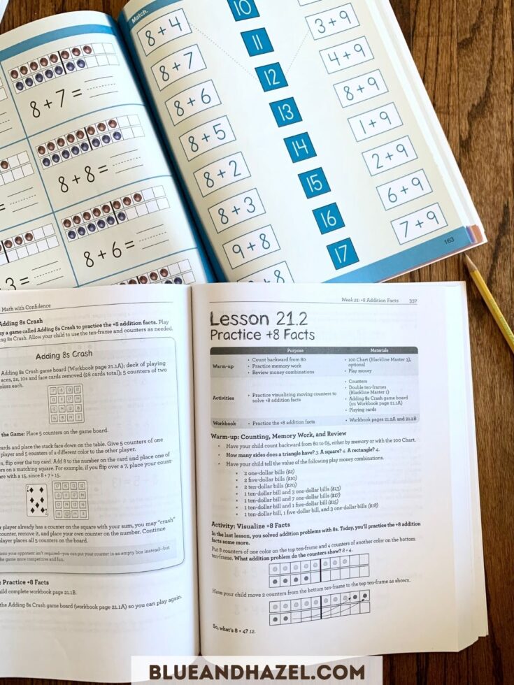 Instructors guide open to practicing + 8 addition facts for Math With Confidence First Grade.