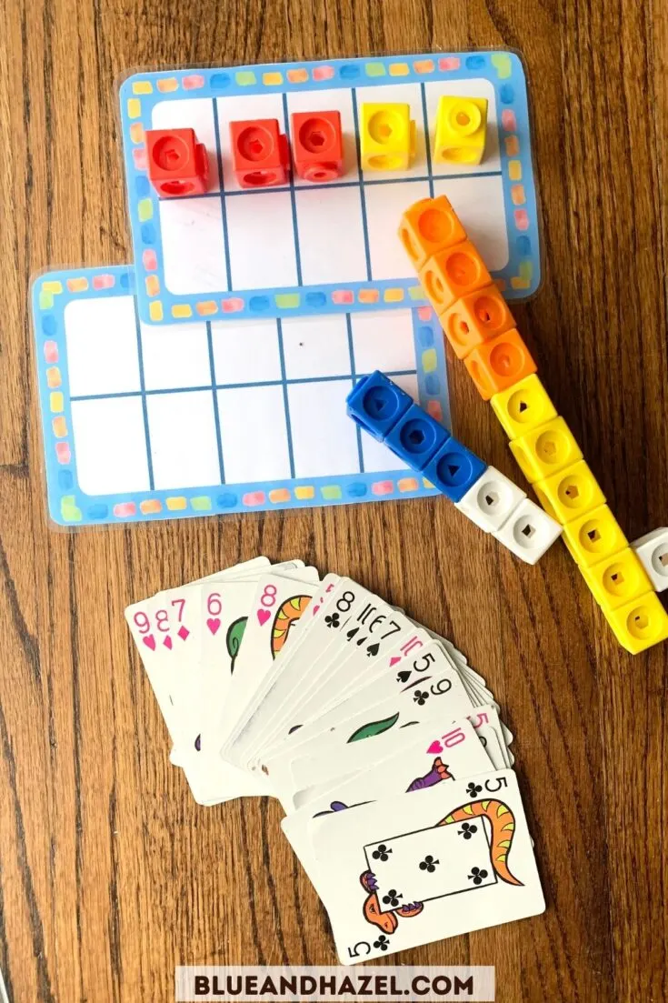 Math 10 frames, a deck of cards, and math linking cubes.