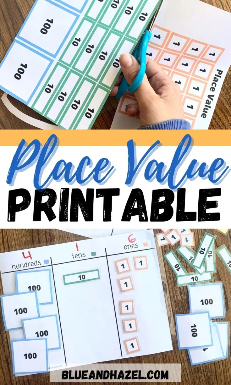 Place Value chart for homeschool math. Ones, tens, and hundreds pieces being cut and placed on a place value chart. 