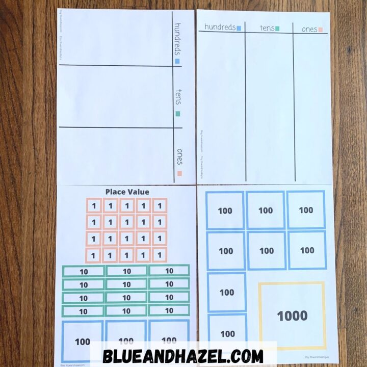 Place Value printable with ones, tens, hundreds, and a vertical and horizontal place value chart. 