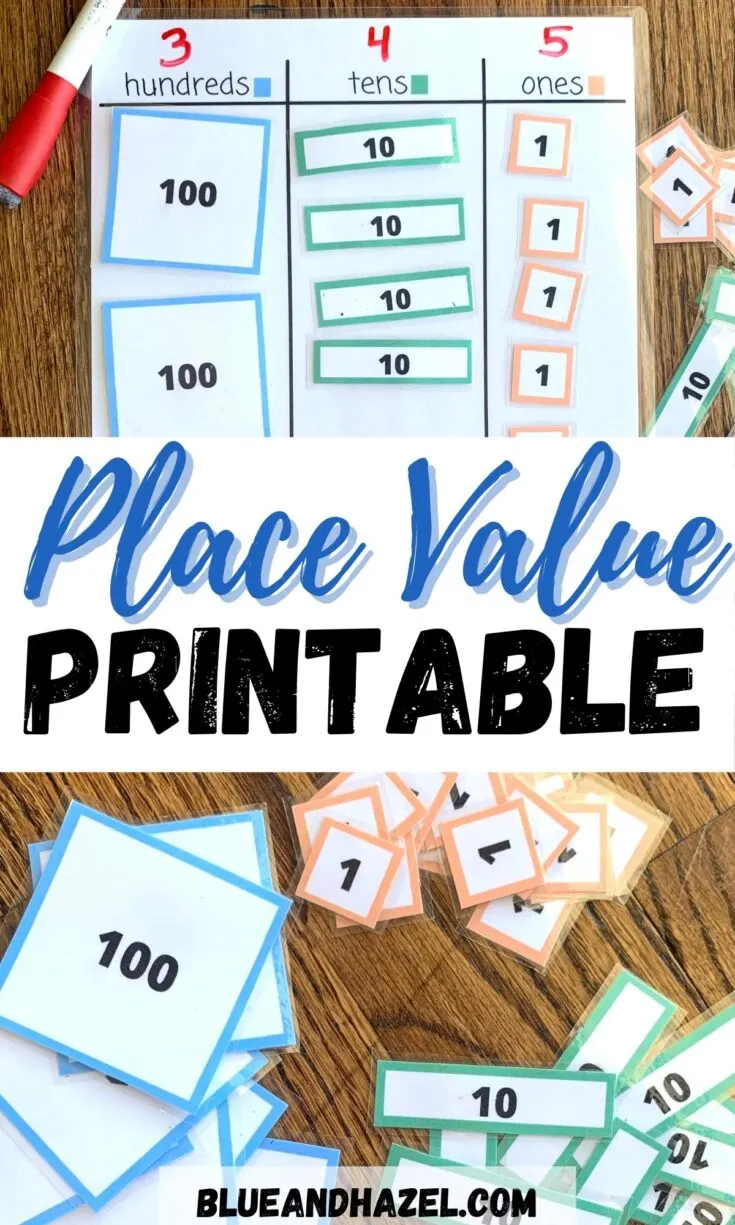 laminated place value chart with ones, tens, and hundreds pieces cut out in columns.