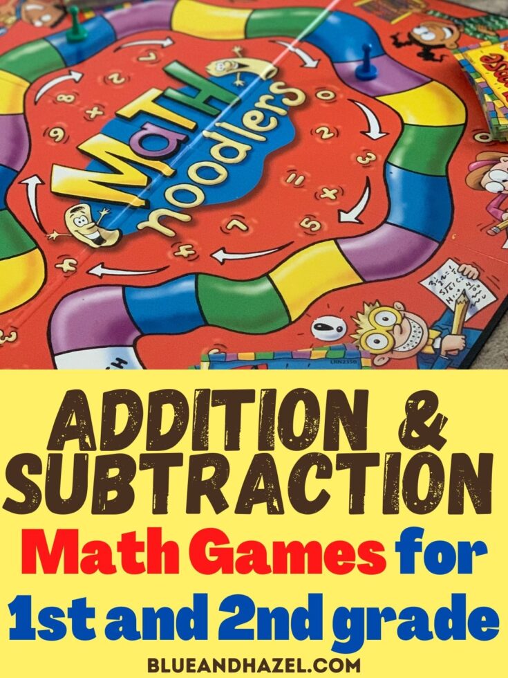 Math game called math noodlers with text that says math games for addition and subtraction for 1st and 2nd graders