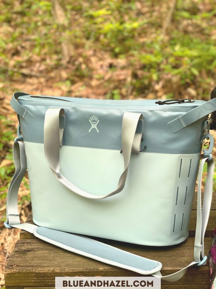 Blue Hydro Flask cooler bag sitting on a bench during a hike on a hot day. 