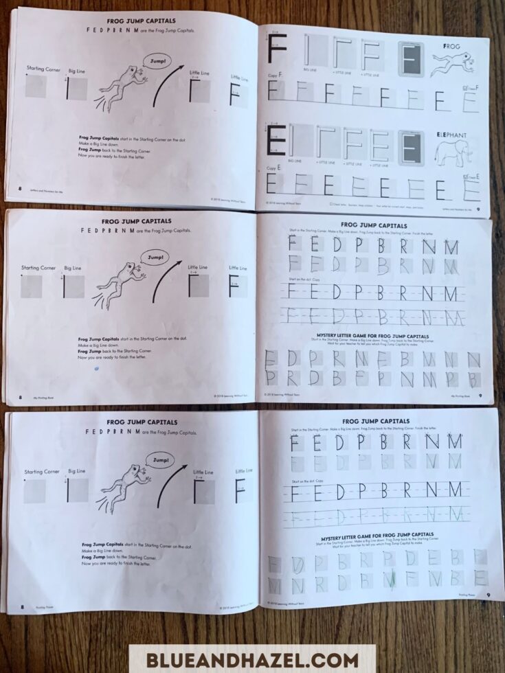 Comparison of kindergarten and 1st and 2nd grade levels inside page 8 and 9 of Handwriting Without Tears covering frog jump capitals.