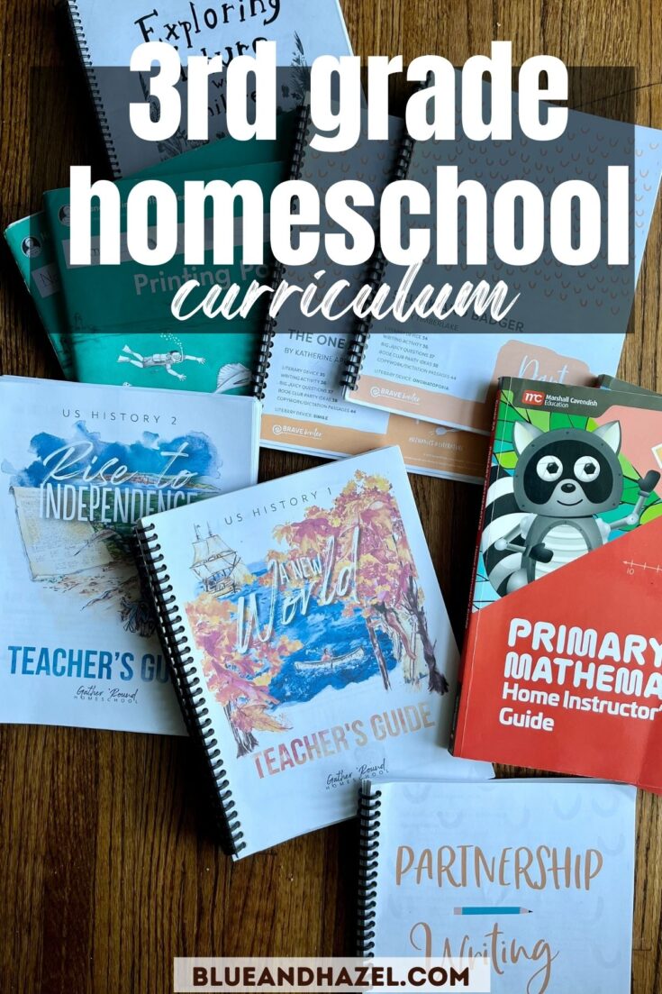 A bundle of 3rd grade homeschool curriculum picks spread out on a floor including Singapore math, Gather Round History, Brave Writer Darts, Handwriting Without Tears, and Eploring Nature With Children. 