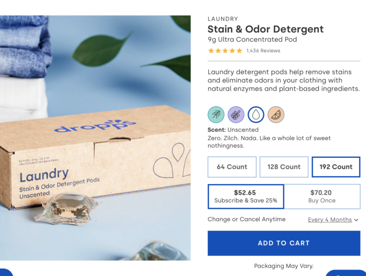 Screenshot of the Dropps stain and odor detergent pods pricing for the 64 count, 128 count, and 192 count boxes.