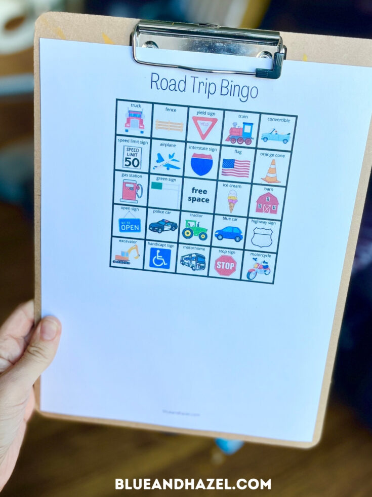 road trip bingo board on a clipboard 