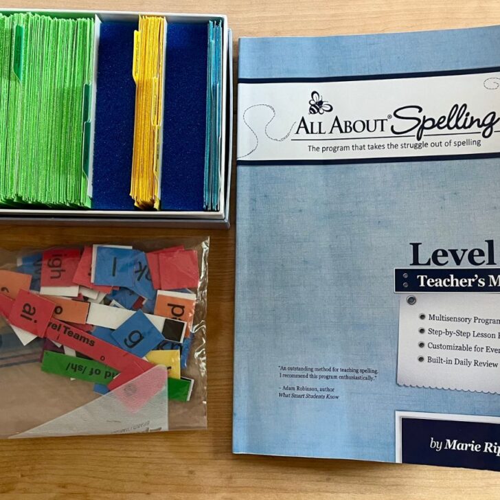 All About Spelling Level 1 materials including the teachers manual, flashcards from the student book, and magnetic tiles