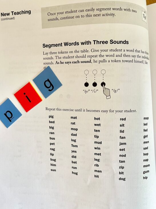 All About Spelling level 1 open to a page in the teacher's manual with a word list and letter tiles spelling "pig".