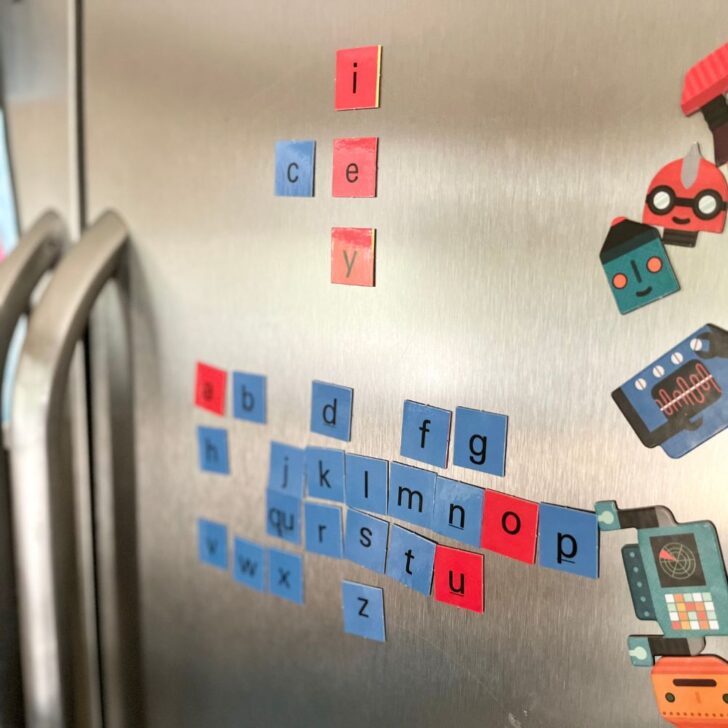 A refrigerator with blue and red magnetic spelling tiles from all about spelling on it. 