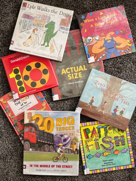 Math read aloud books for kindergarten including pattern fish, 20 big trucks, zero is the leavecs of the tree, 10, actual size, when a line bends a shape begins, and more!