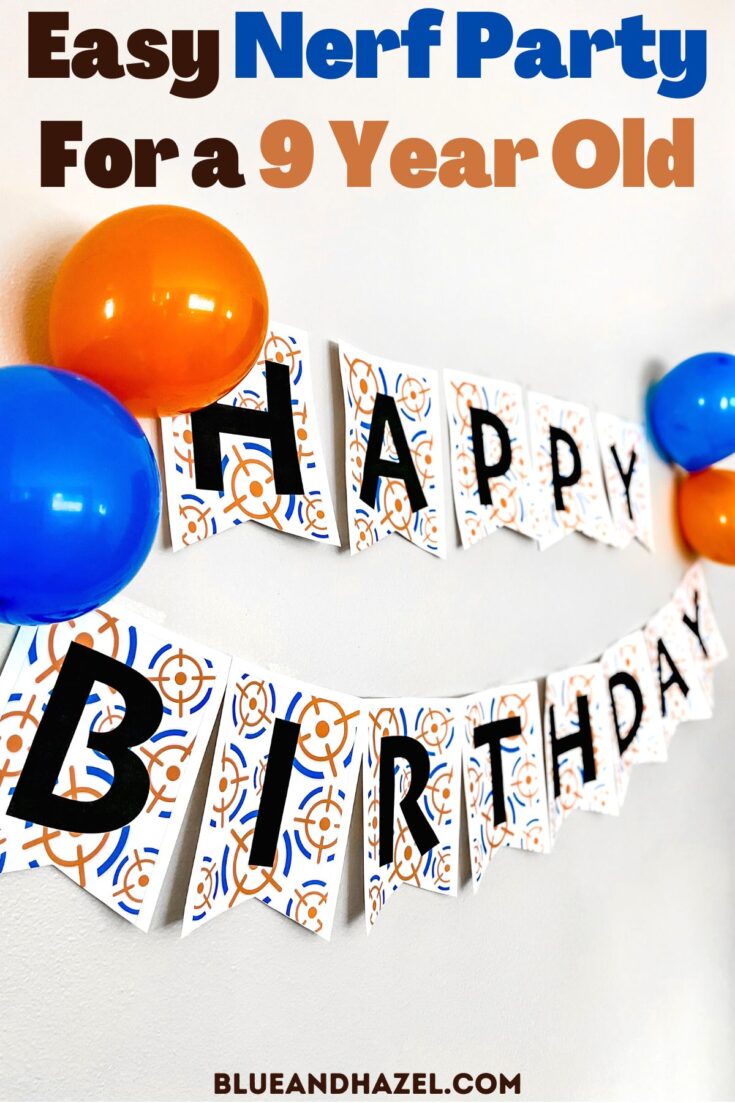 Nerf themed blue and orange printable Happy Birthday Banner from Etsy hanging up on a white wall with blue and orange balloons. 
