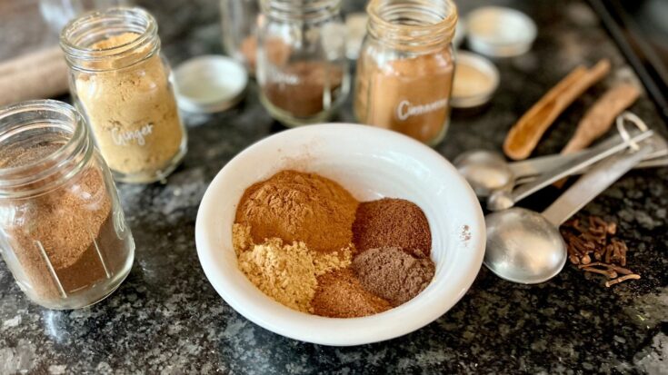 pumpkin pie spice in a bowl consisting of cinnamon, clove, nutmeg, allspice, and ginger