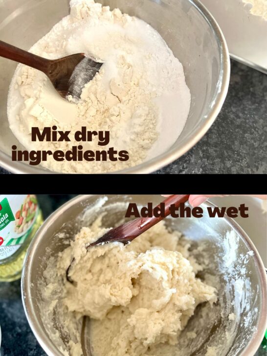 play dough being mixed up in a bowl with a wooden spoon.