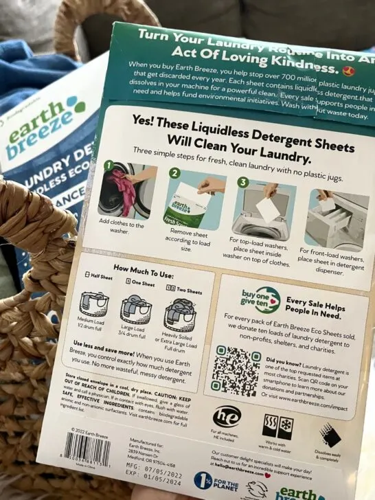 The back of an Earth Breeze laundry detergent package showing how many sheets to use per load.