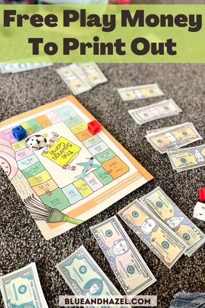 A math money game board from Math With Confidence 2nd grade plus printable play money used to play the game. 