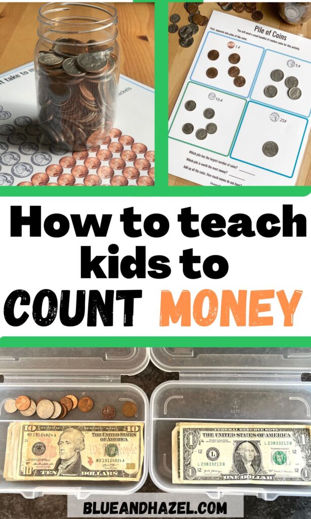 Money counting activities for coin sorting and cash and coin piggy bank for kids.