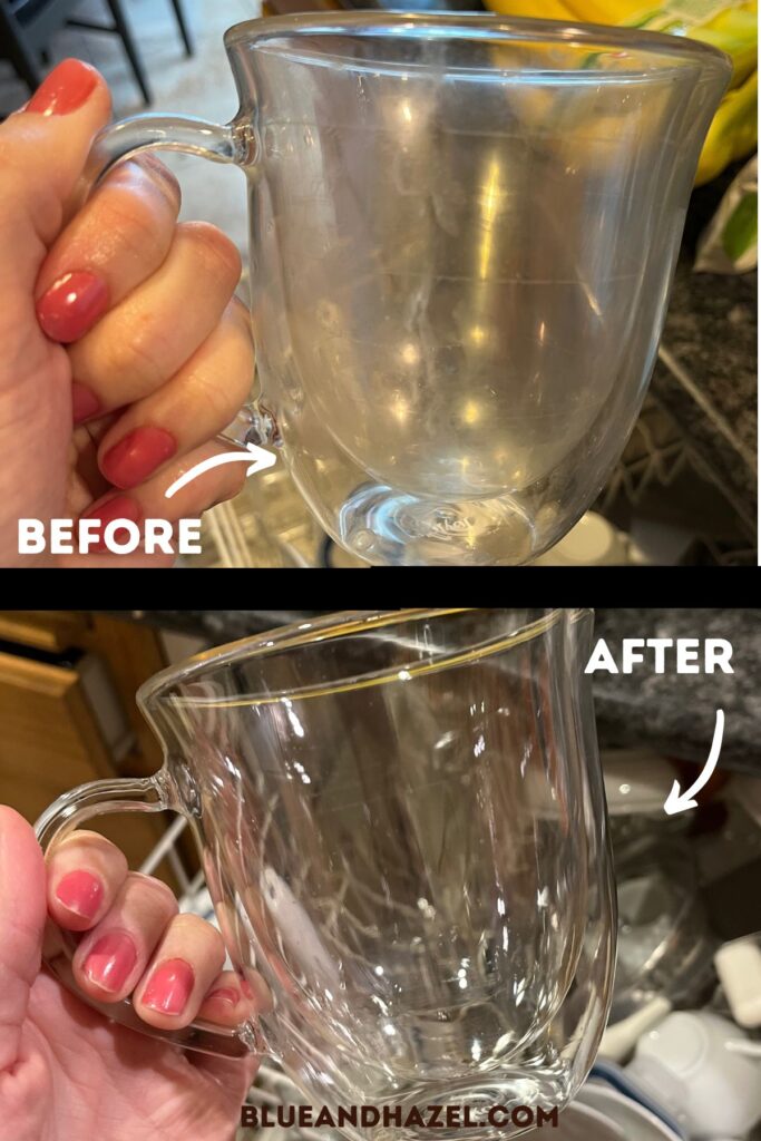 Before and after using Earth Breeze Power Pebbles on a glass coffee mug in the dishwasher.