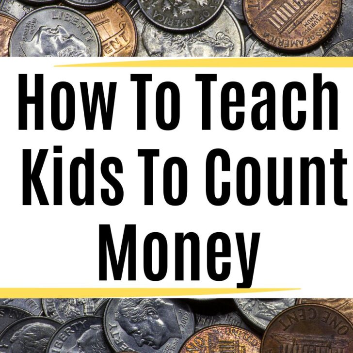 different U.S. coins scattered with words that say How To Teach Kids To Count Money