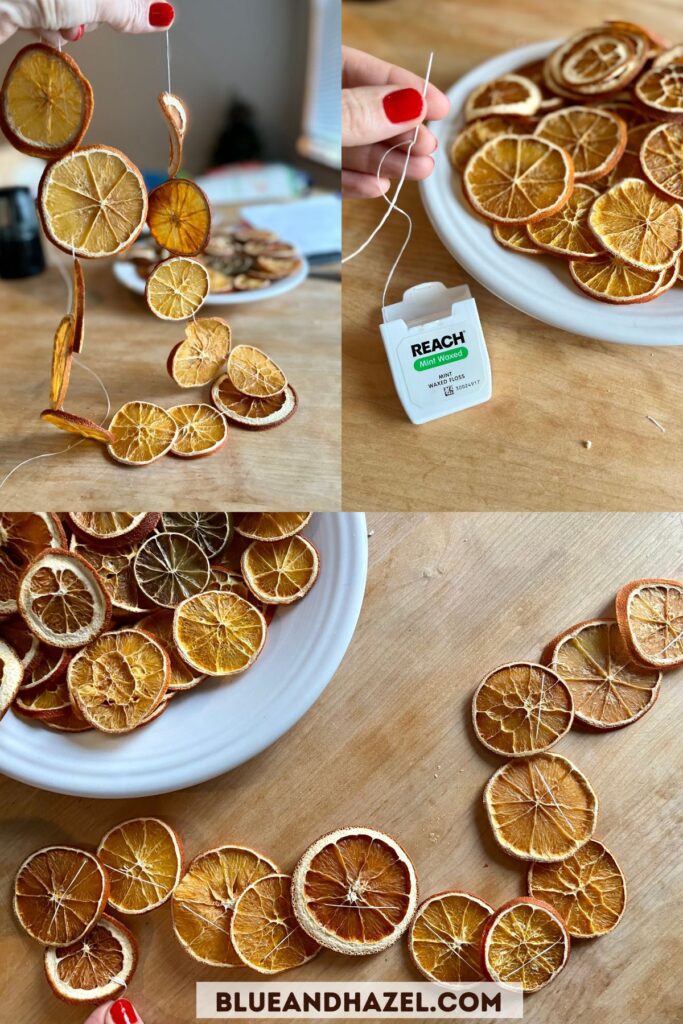 Step by step photos on what's needed to make a dried orange garland. Includes a photo of waxed floss and a sewing needle as well as the finished orange garland hung on a string. 