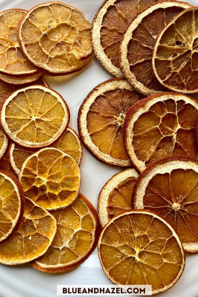 Two different batches of orange slices dried in the oven: One is bright and one is dark. 