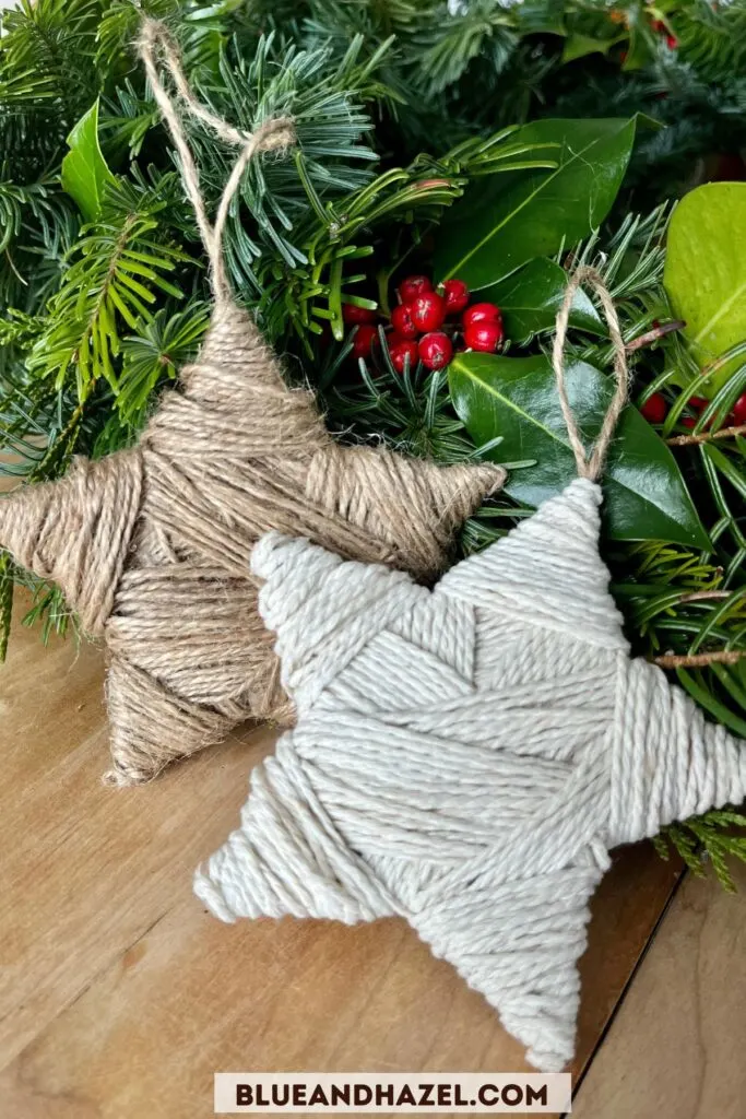 A white and natural jute cotton twine ornament on a table.