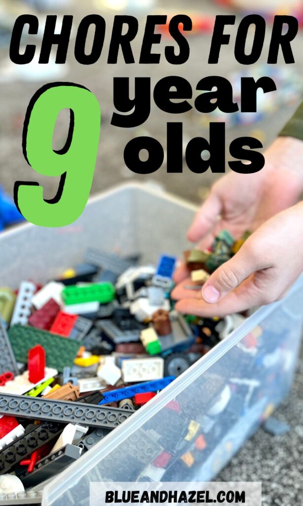 A 9 year old boy helping do chores by picking up Legos and putting them into a bin.