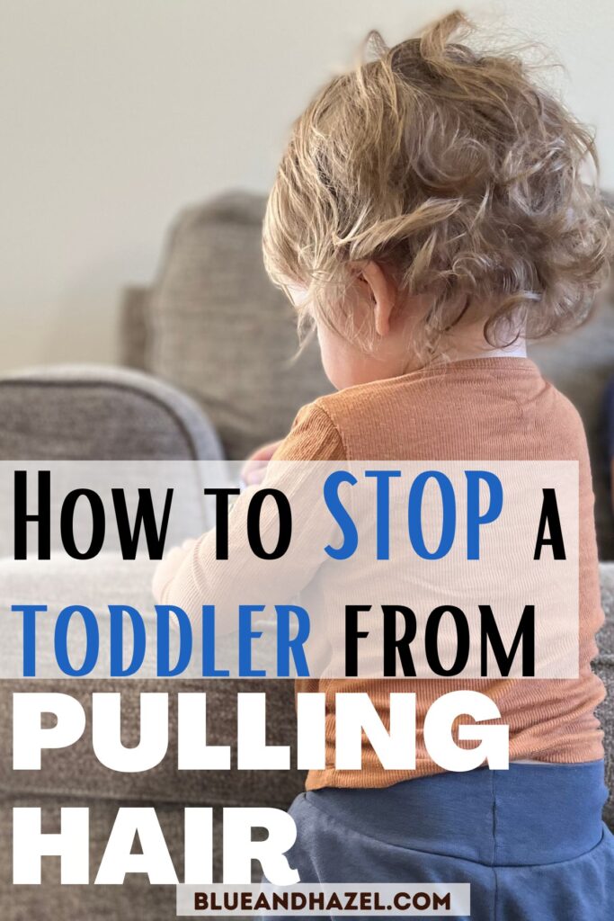 A toddler next to a couch with text over the photo saying, "How to stop a toddler from pulling hair". 