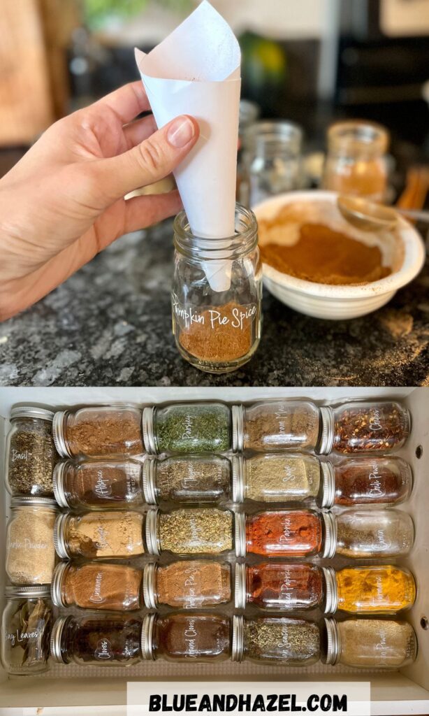 A homemade paper funnel is being held inside a mini 4 oz glass mason spice jar to pour pumpkin pie spice into it without spilling. Another picture of 23 spices filled sits below that.