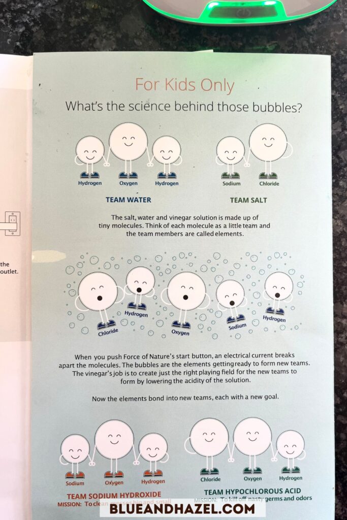 Force of Nature pamphlet explaining to kids the science of water, salt, and vinegar combining with electricity to make hypochlorous acid and sodium hydroxide. 