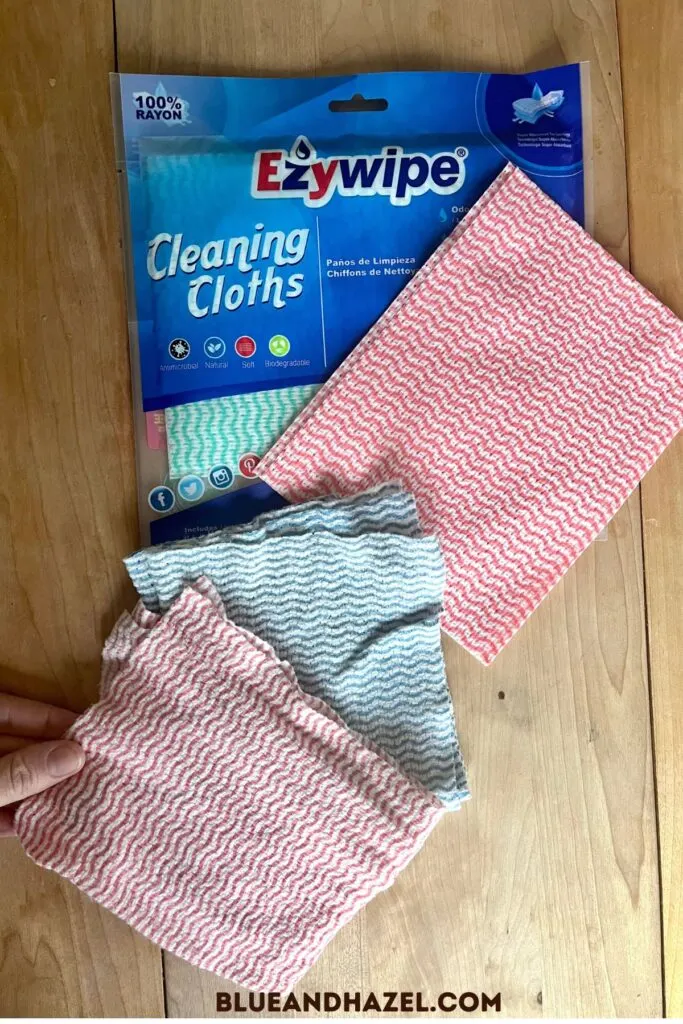 Reusable cleaning cloths from Force of Nature before use and after washing.