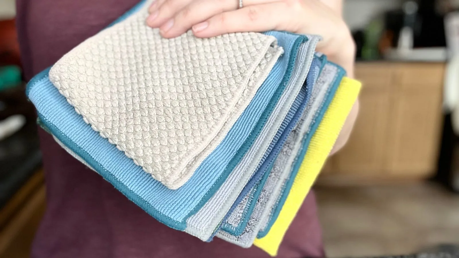 Norwex microfiber cleaning cloths folded up after washing