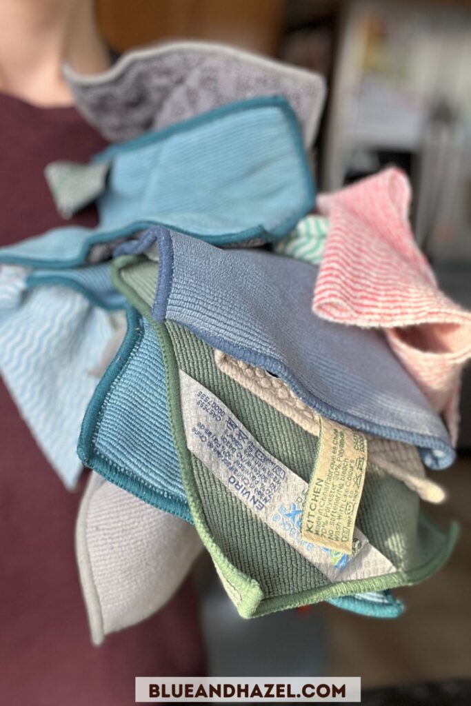 Norwex kitchen microfiber cloths cleaned in a pile after a vinegar wash.