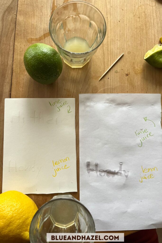 Dried Invisible ink made from lime juice on paper. You can't see the words as the lime juice has dried on the paper and no heat has been applied.