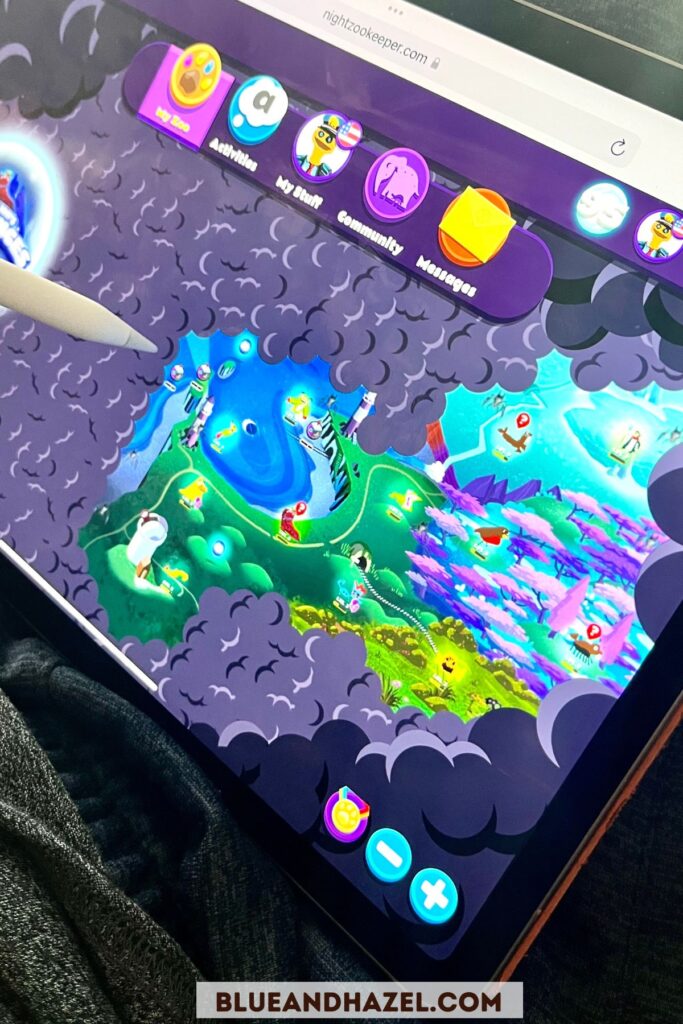 An iPad showing a language arts game from Night Zookeeper being played. 