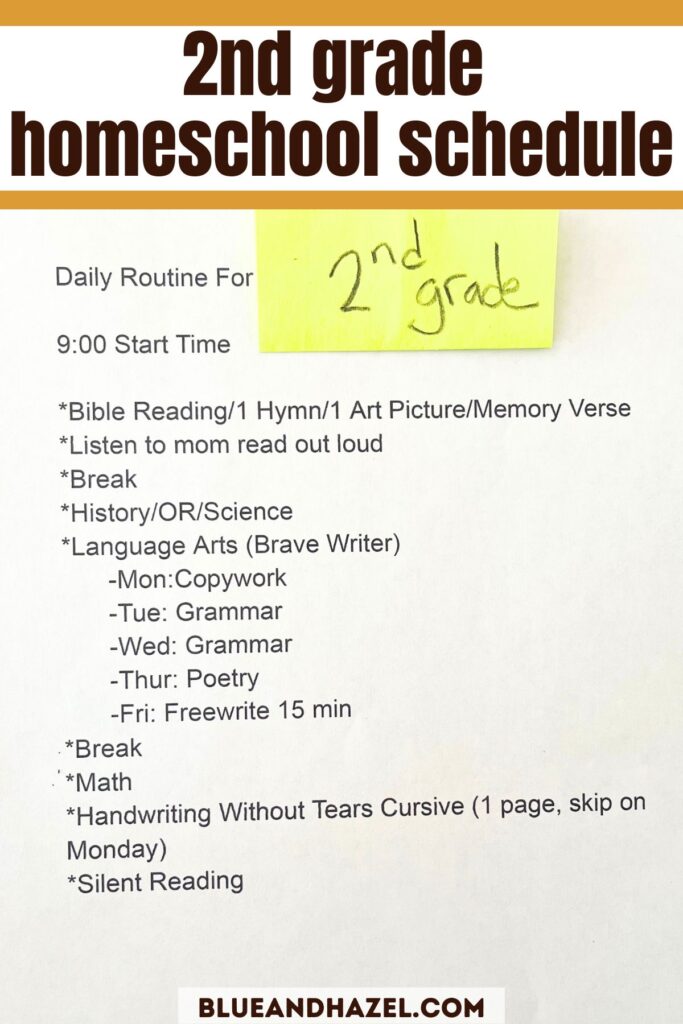 2nd grade homeschool schedule starting at 9 AM. This lists each subject in order of what comes next.