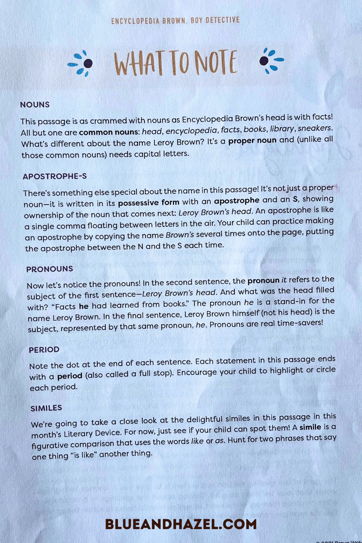 Grammar inside of the Brave Writer Dart literature guide on the What To Note page, including nouns, apostrophes, and pronouns.