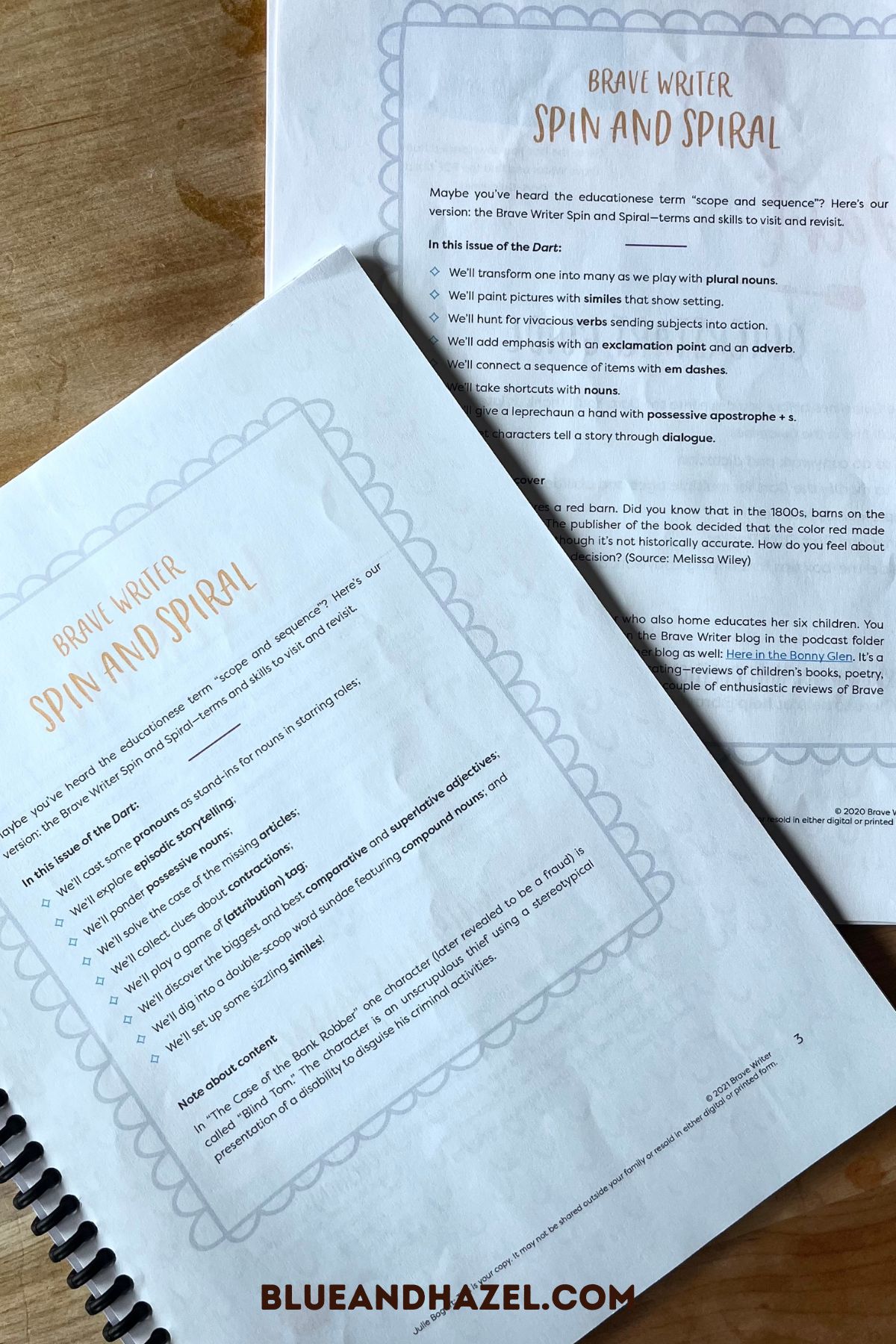 Spin and Spiral (scope and sequence) of two Brave Writer Dart book guides.