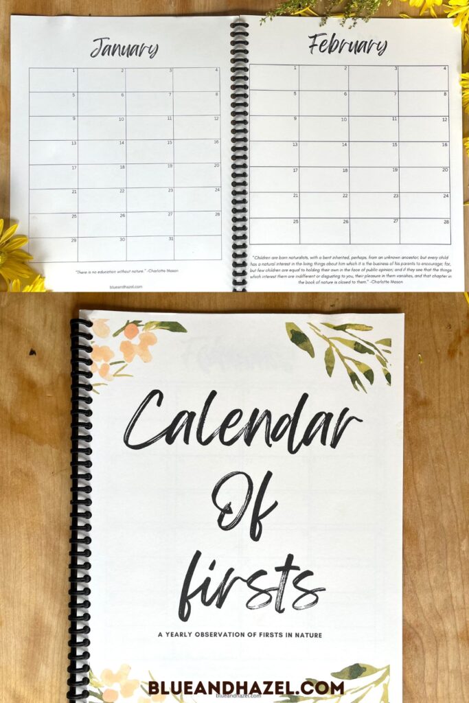 A hand bound book with the phrase "Calendar Of Firsts" written on the cover for nature observations.