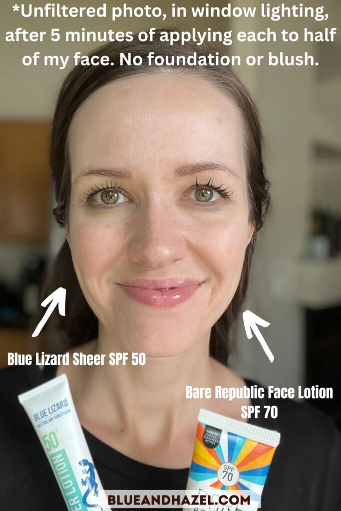 A close up of a woman smiling holding Blue Lizard and Bare Republic mineral sunscreens, with each on half her face. 