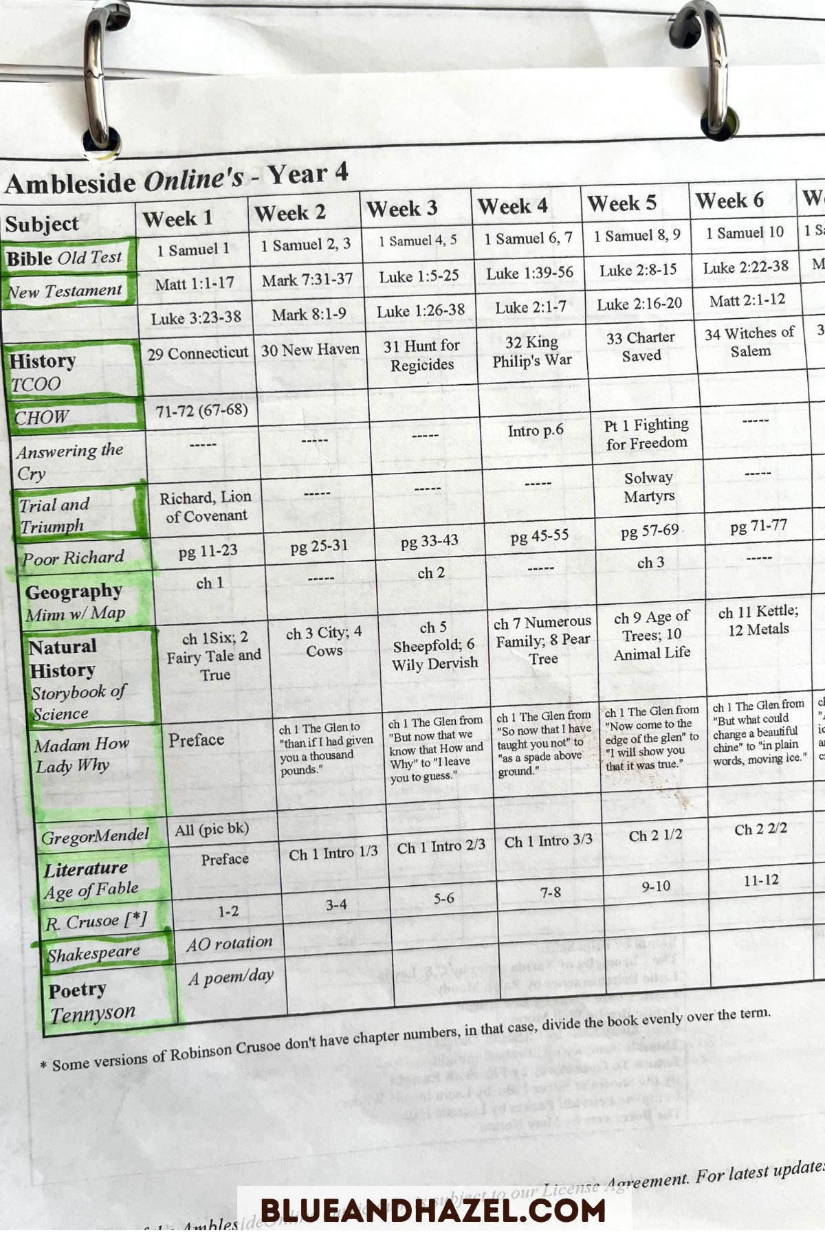 Close up o fYear 4 Ambleside Online book schedule