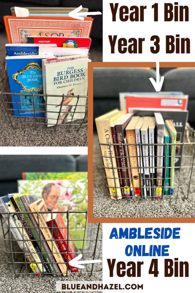 Book bins separated by homeschool year for Ambleside Online